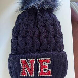 New England Patriots bling rhinestone Navy Knit Beanie with Faux Fur Pom